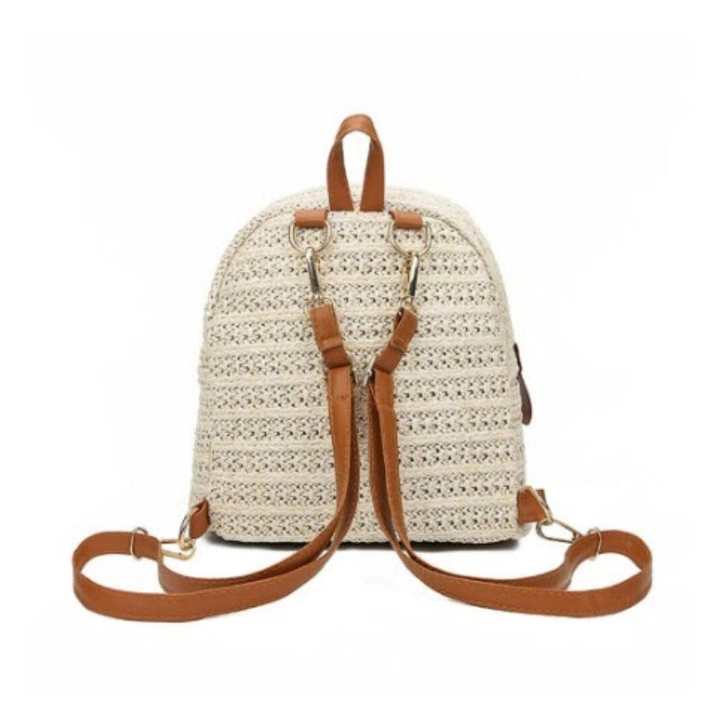 Boho Woven Straw Mini Backpack – Neutral Crochet w/ Brown Faux Leather - Picture 4 of 6